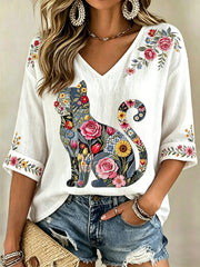 Women's Floral Cats Print Casual V-Neck Tee