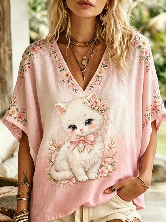 Women's Casual V-Neck Top With Animal And Floral Print