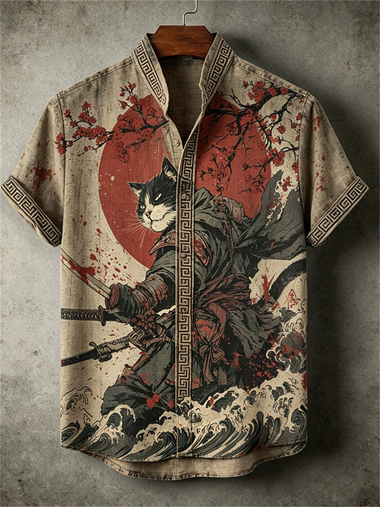 Men's Cruel Cat Samurai Sunrise Japanese Art Print shirt