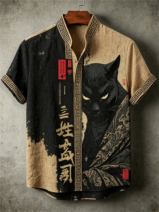 Men's Black Cat Samurai Calligraphy Contrast Ink Art Print shirt