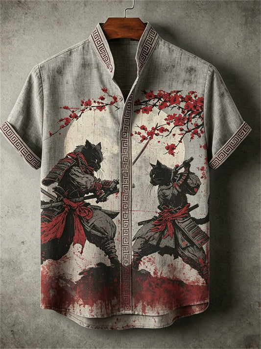 Men's Black Cat Samurai Bloody Duel Japanese Art Print shirt
