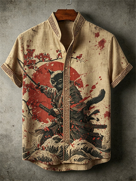 Men's Bloody Cat Samurai Sea Waves Sunrise Japanese Print shirt