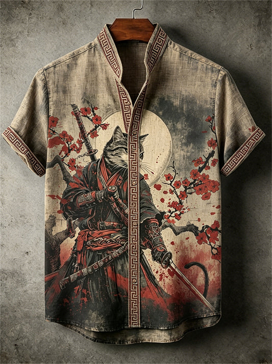 Men's Bloody Cat Samurai Plum Blossom Full Moon Print shirt