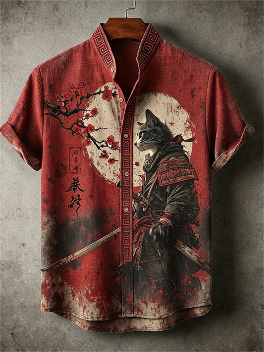 Men's Japanese Bloody Cat Samurai & Plum Blossom Print shirt
