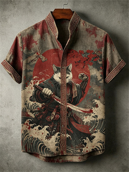 Men's Bloody Cat Samurai Sea Waves Japanese Art Print shirt