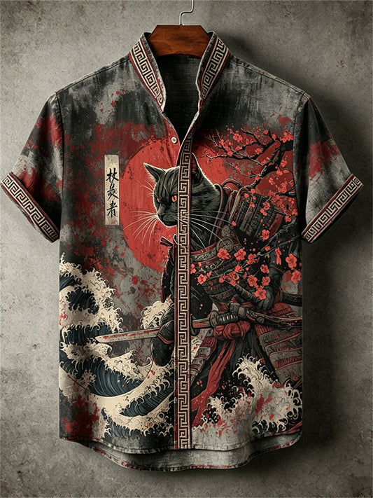 Men's Cat Samurai Plum Blossom & Sunrise Bloody Print shirt