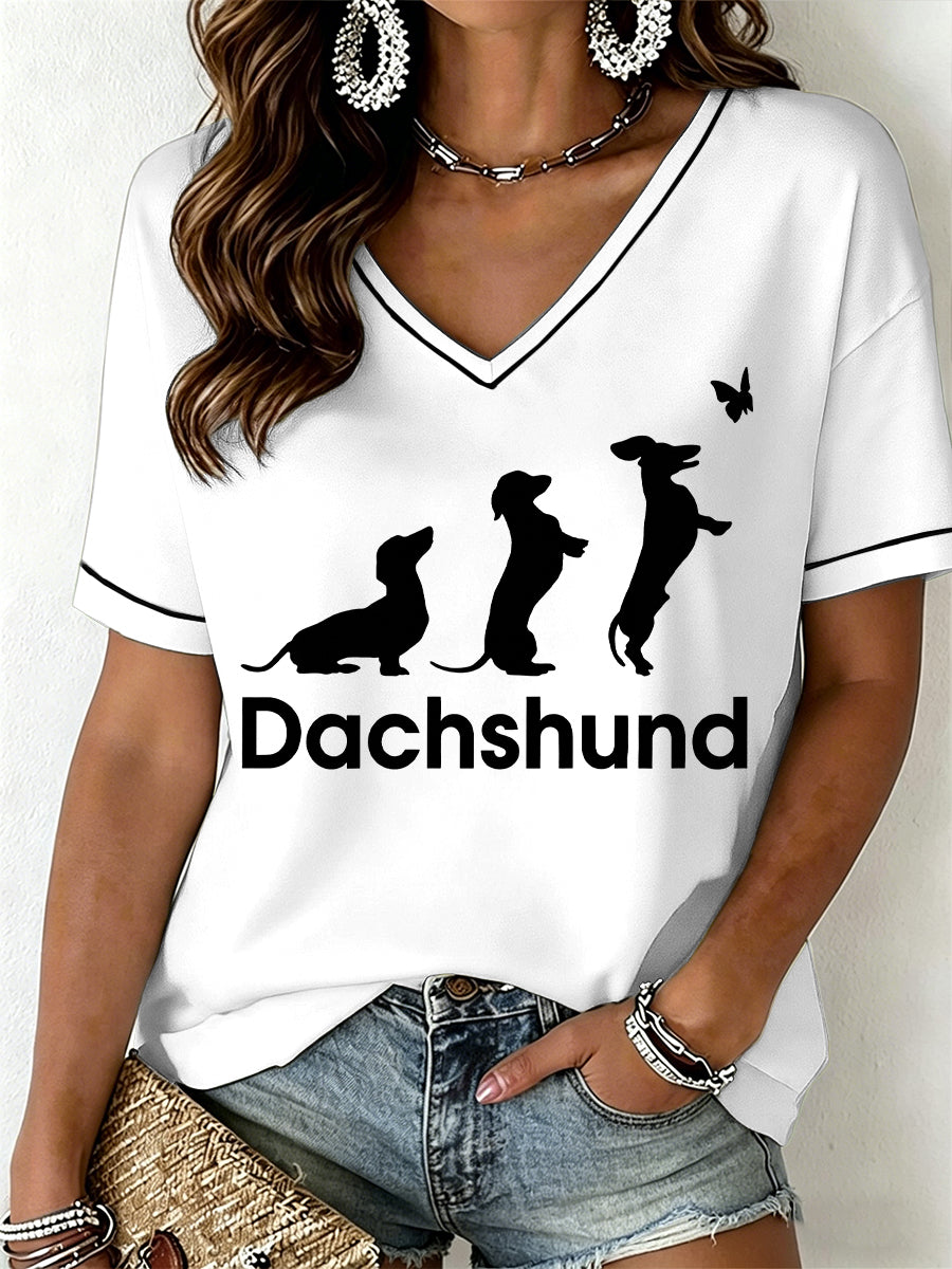 Women's Dachshund Print V-Neck T-Shirt