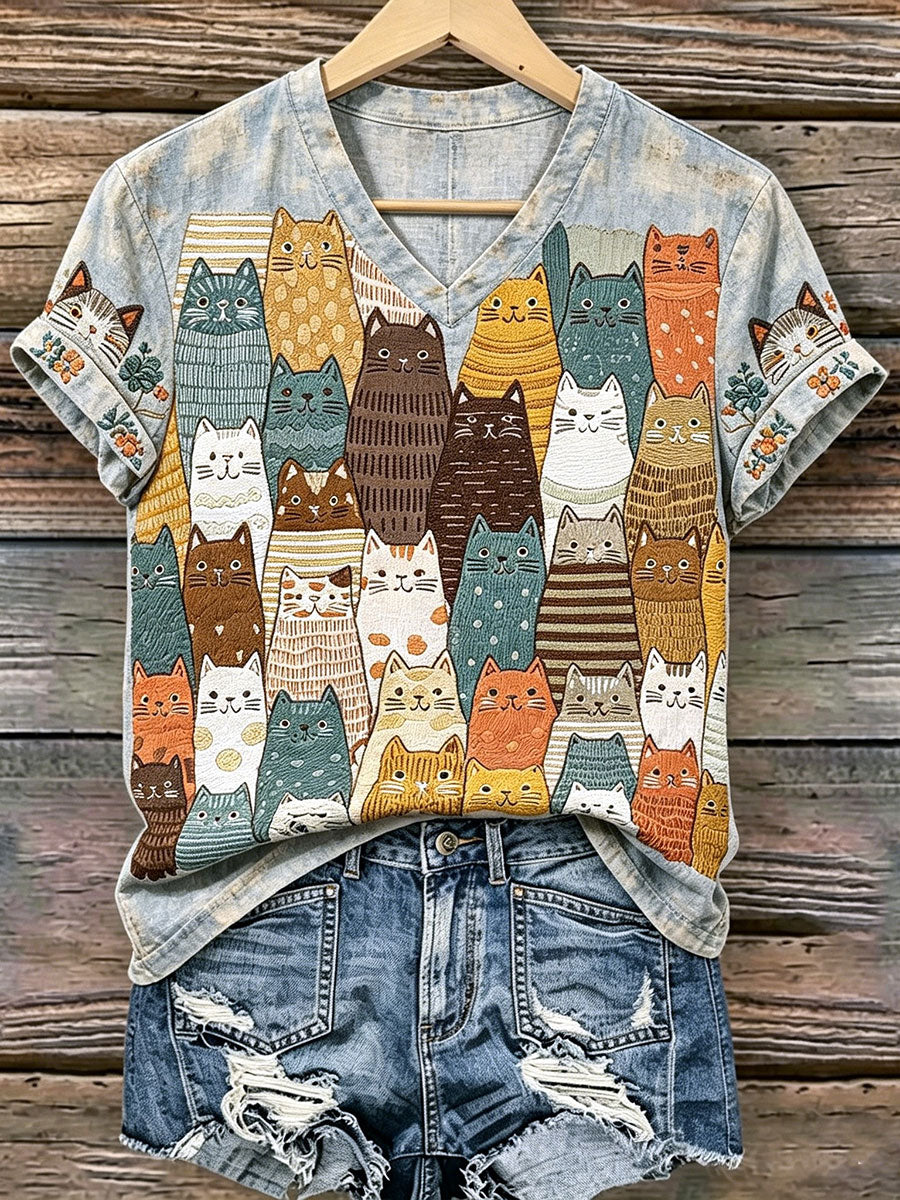 Women's Cat Art Print Casual T-Shirt