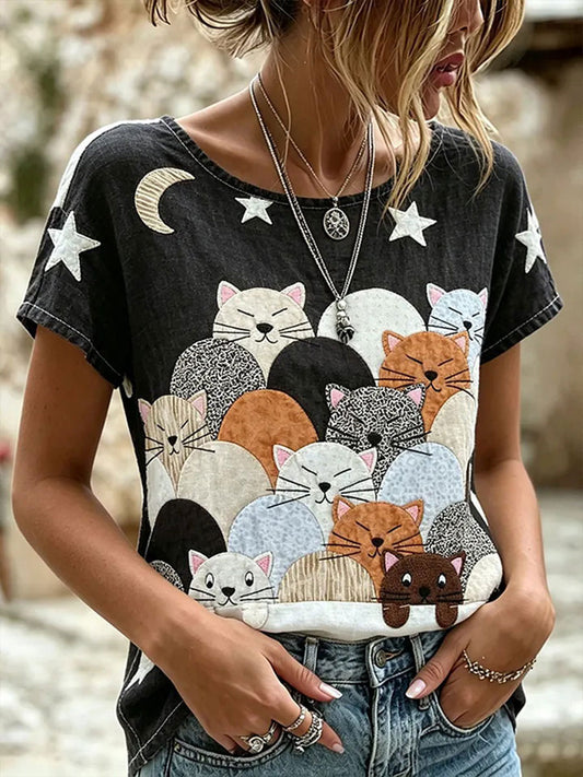 Women's Cute Animal Cat Short-Sleeve Casual T-Shirt