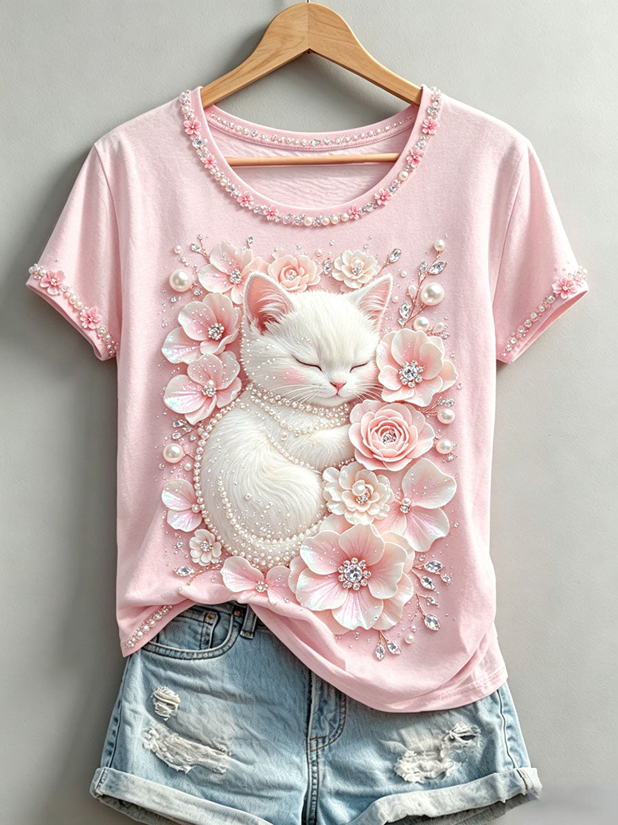 Women's Floral Cat Print T-Shirts