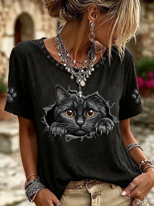 Women's Vintage Black Cat Face Art Linen Round Neck Short Sleeves Top