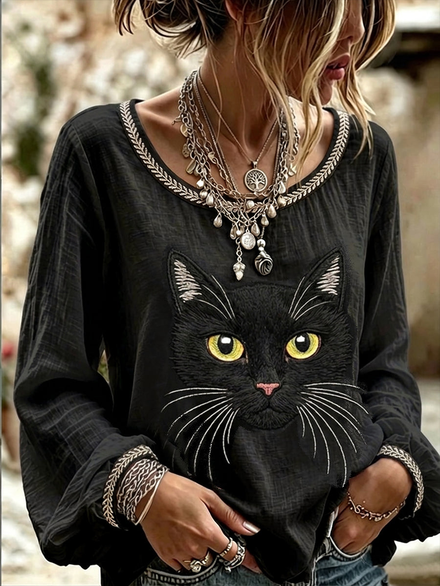 Women's Vintage Black Cat Face Art Linen Round Neck  Top
