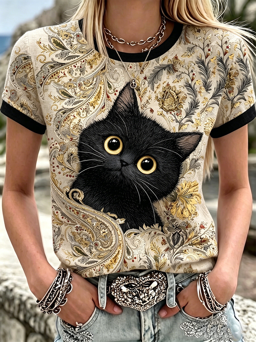 Women's Vintage Black Cat  Art Linen Round Neck Short Sleeves Top