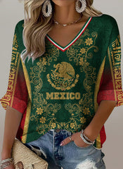 Women's V-Neck Top With Mexican Soccer Fan Art Print