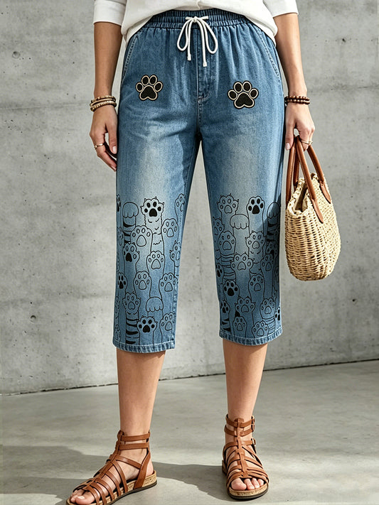 Women's Floral Animal Art Printed Drawstring Middle Pants