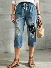 Women's Floral Animal Art Printed Drawstring Middle Pants