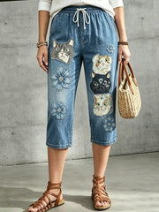 Women's Floral Animal Art Printed Drawstring Middle Pants