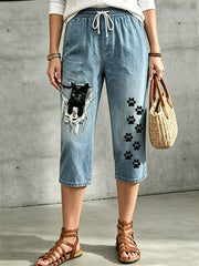 Women's Floral Animal Art Printed Drawstring Middle Pants
