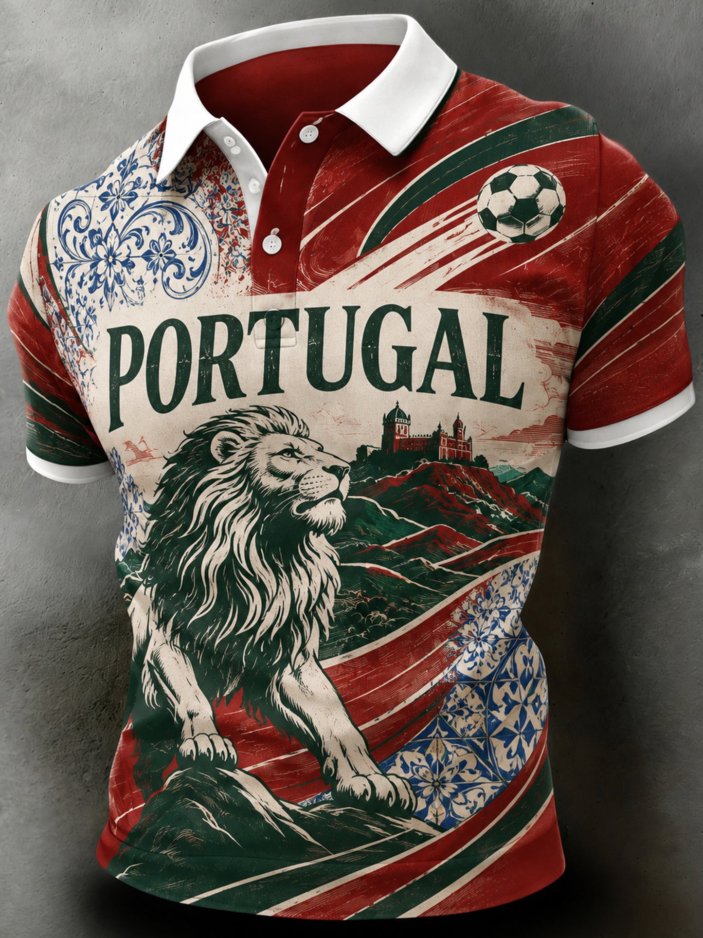 Men's Portugal Football Match Cheering-Themed Art Print Short-Sleeve Polo