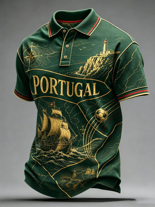 Men's Portugal Football Match Cheering-Themed Art Print Short-Sleeve Polo