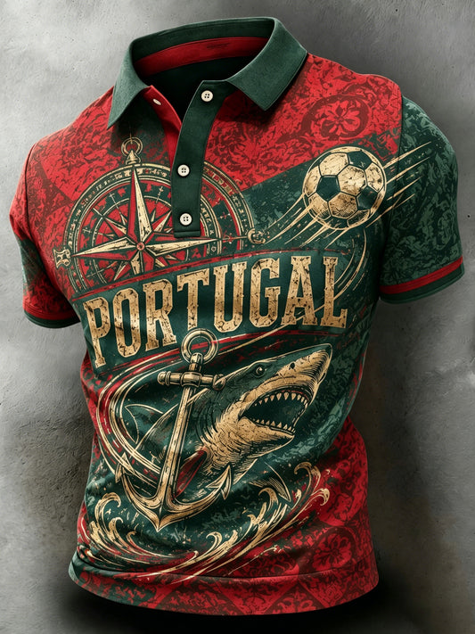 Men's Portugal Football Match Cheering-Themed Art Print Short-Sleeve Polo