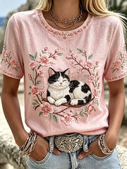 Women's Flowers and Cats Linen Short-sleeved Top