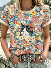 Women's Flowers and Cats Linen Short-sleeved Top