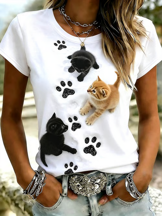 Women's Cute Cat Print short-sleeved T-shirt