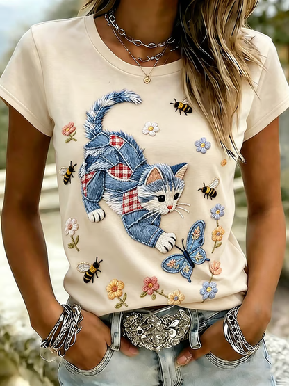 Women's Cute Cat Print short-sleeved T-shirt
