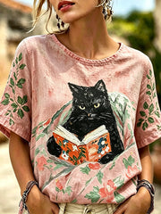 Women's Flowers and Cats Linen Short-sleeved Top