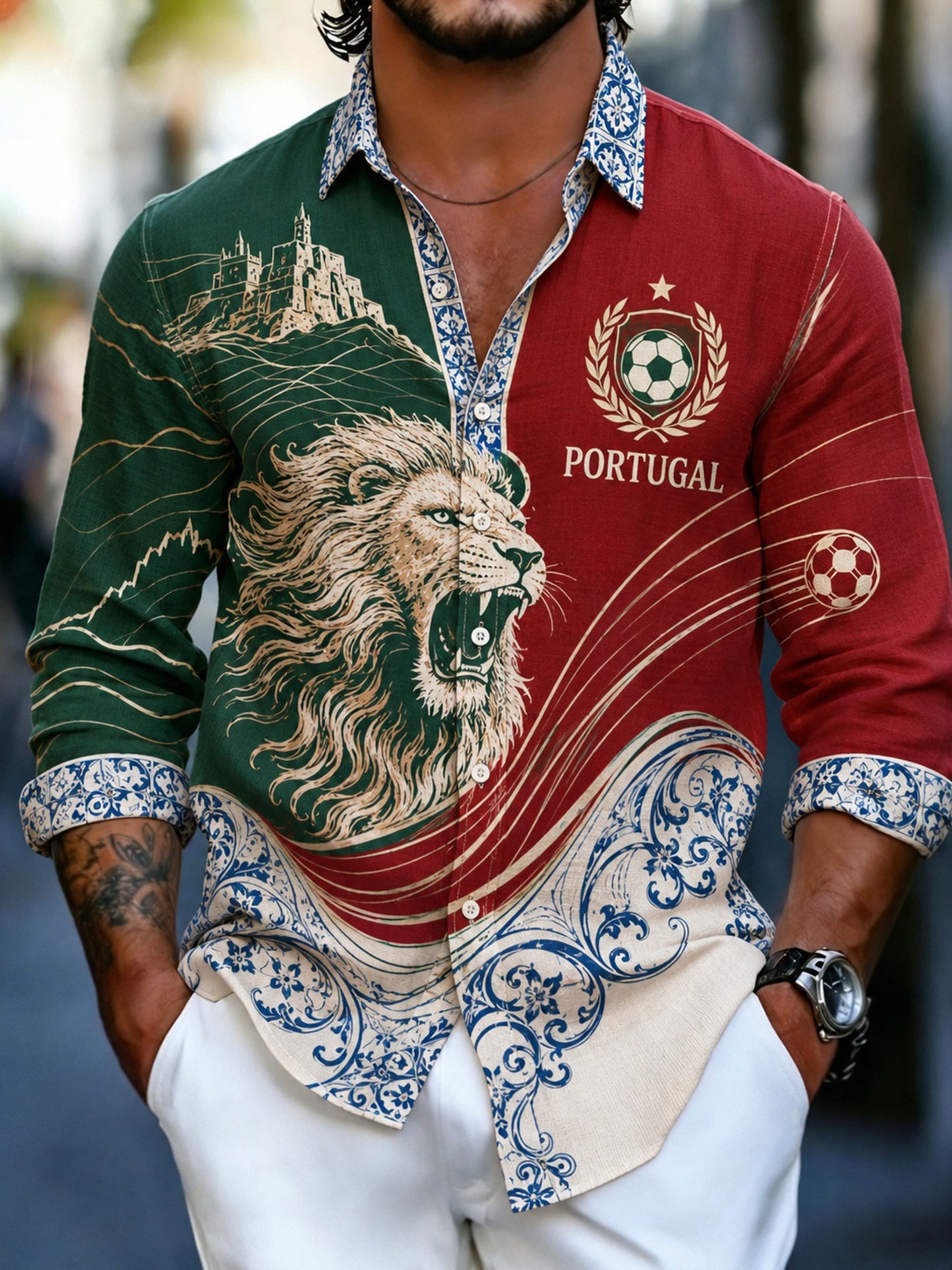 Men's Portugal Football Fan Art Print Long-Sleeve Shirt
