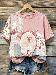 Women's Pig Back View Cottage Floral Patchwork Print linen T-shirt