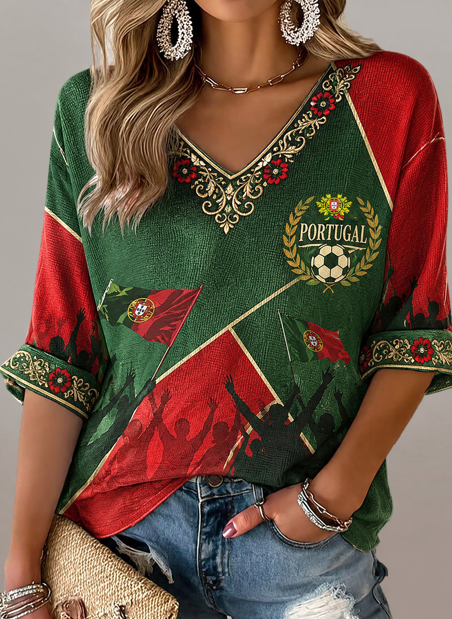 Women's Portugal Football Match Cheering Art Print V-Neck Top