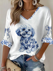 Women's Chinese Style Animal Blue and White Porcelain Print T-shirt