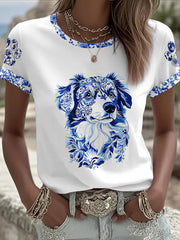 Women's Chinese Style Animal Blue and White Porcelain Print T-shirt