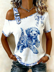 Women's Chinese Style Animal Blue and White Porcelain Print T-shirt