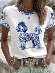 Women's Chinese Style Animal Blue and White Porcelain Print T-shirt