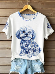 Women's Chinese Style Animal Blue and White Porcelain Print T-shirt