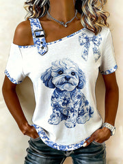 Women's Chinese Style Animal Blue and White Porcelain Print T-shirt
