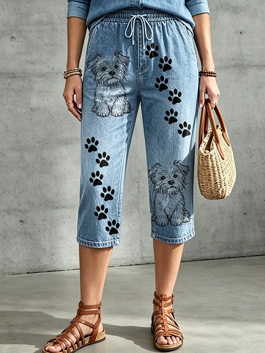 Women's Animal Art Printed Drawstring Middle Pants