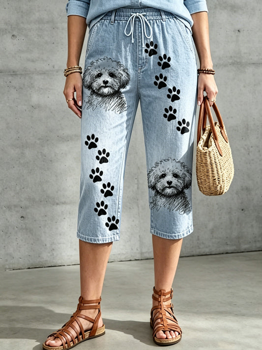 Women's Animal Art Printed Drawstring Middle Pants