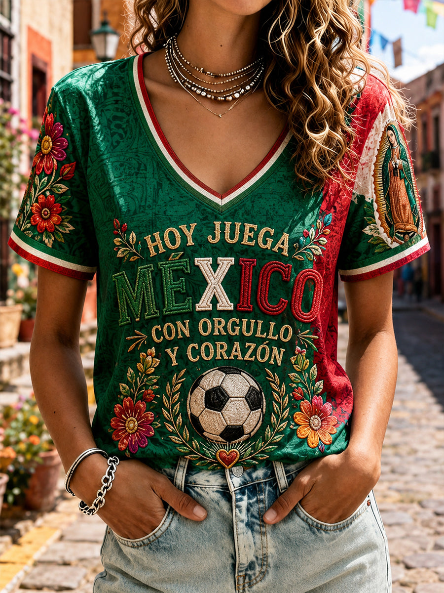 Women's Mexico Football Lover Floral Art Printed T-shirt