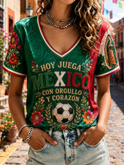 Women's Mexico Football Lover Floral Art Printed T-shirt