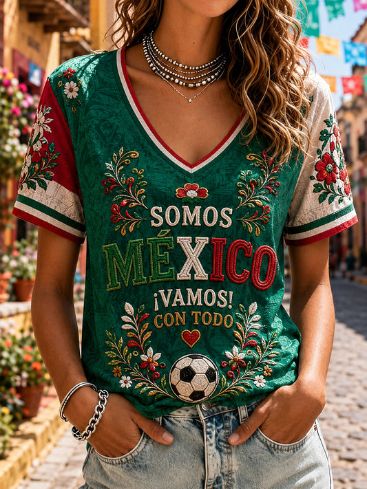 Women's Mexico Football Lover Floral Art Printed T-shirt