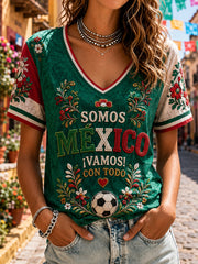 Women's Mexico Football Lover Floral Art Printed T-shirt