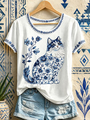 Women's Floral Cat Print T-Shirts