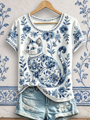 Women's Floral Cat Print T-Shirts