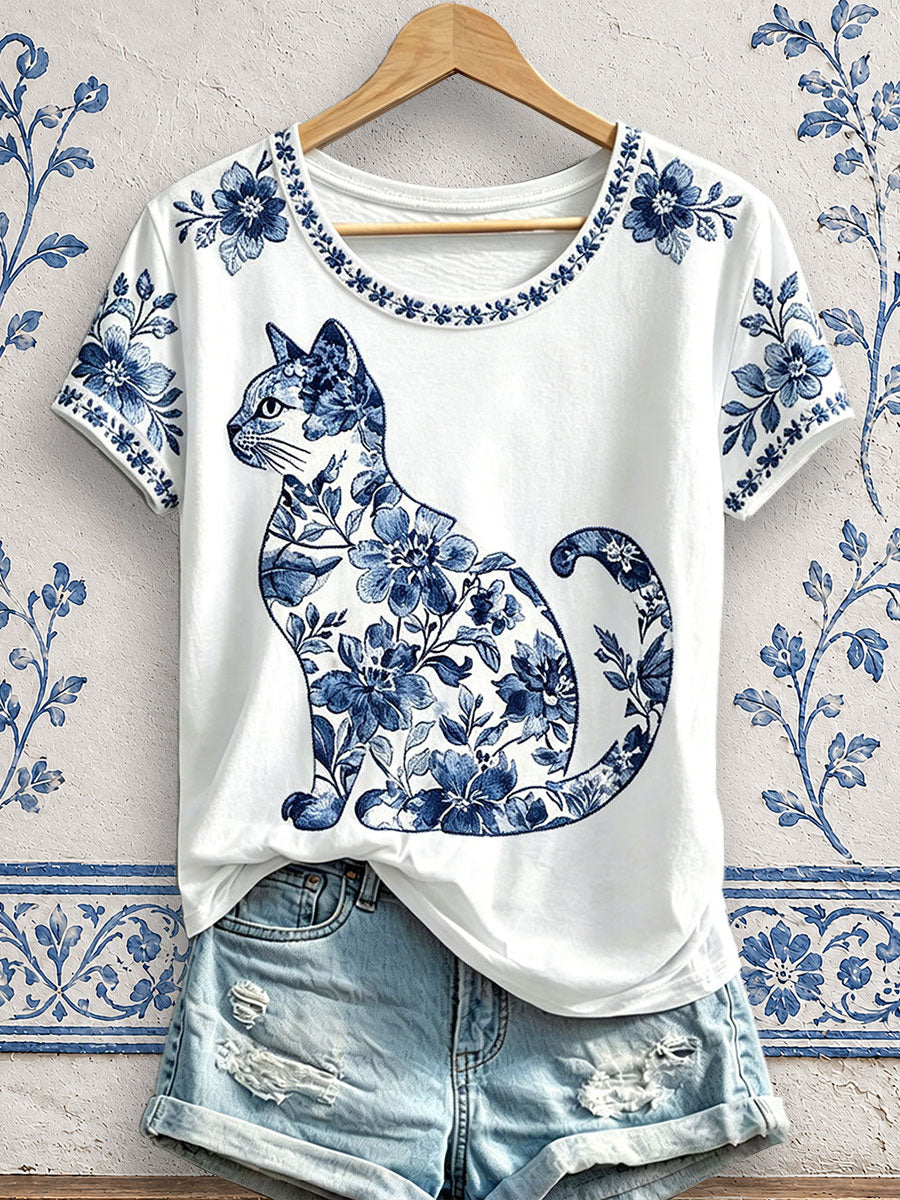 Women's Floral Cat Print T-Shirts