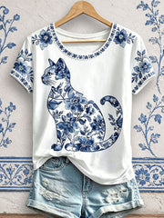 Women's Floral Cat Print T-Shirts