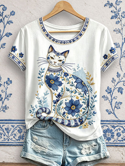 Women's Floral Cat Print T-Shirts